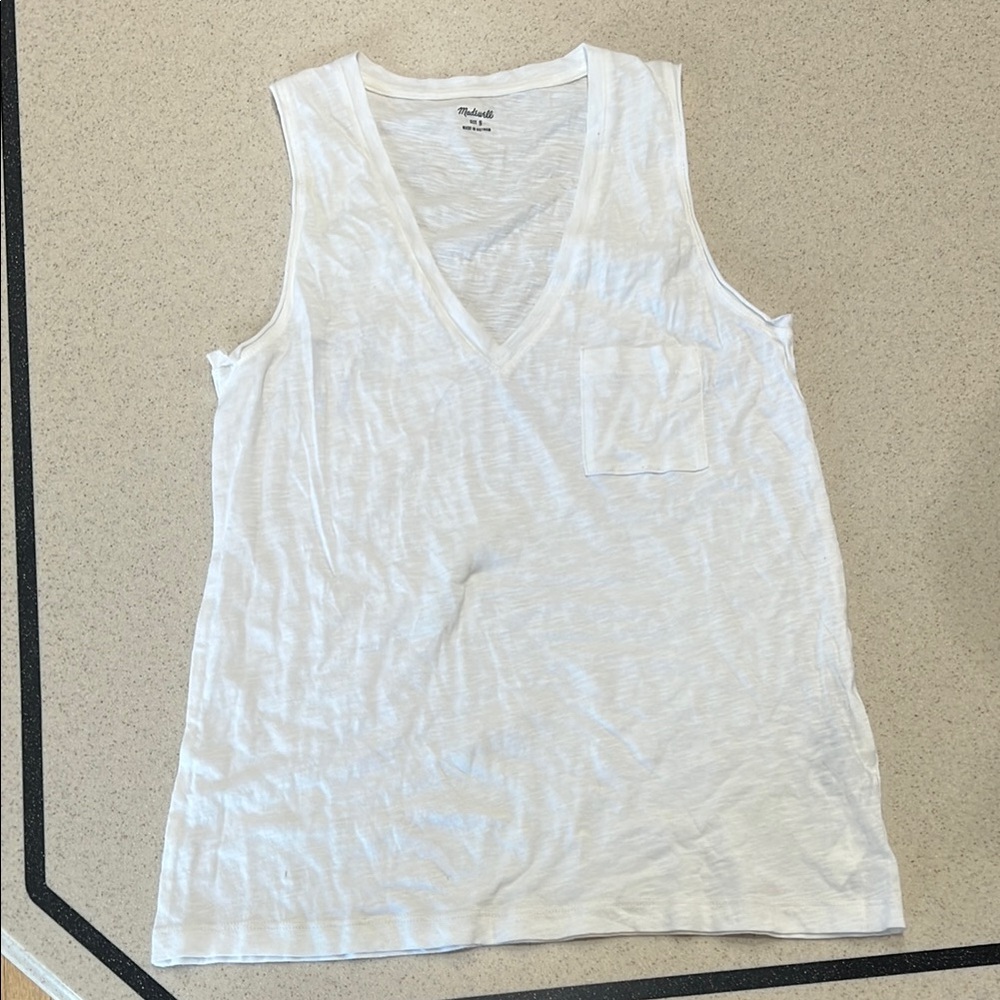 White Slub V-Neck Tank with Pocket